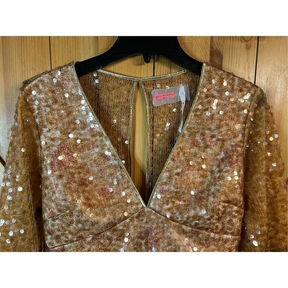 FREE PEOPLE Stars Align Mini Dress 4 Brown Golden Sequin Floral Embroidered nwt - Picture 7 of 14